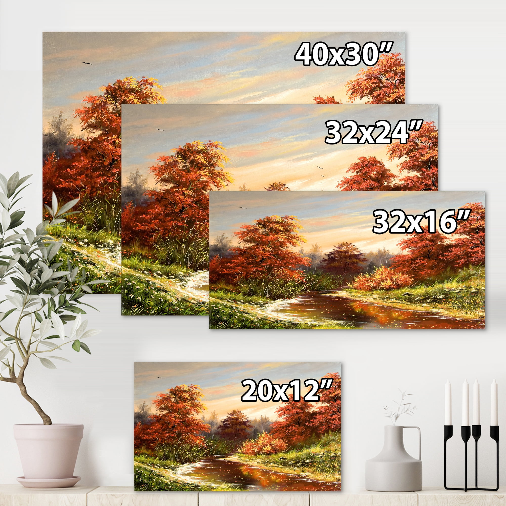 Designart ' The Wood River On A Decline In An Orange Autum Summer ' Lake House Canvas Wall Art Print
