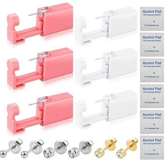 Self Disposable Ear Piercing Gun Kit, 6 Pack Self Ear Piercing Set, Safety At Home Ear Piercing Earrings Studs Piercing Gun Kit No Pain Easy Use Tool with Surgical Steel Earrings Studs Women