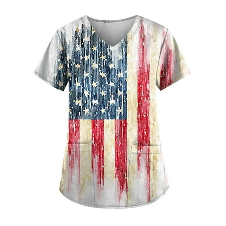 

JGGSPWM Women s Scrub Tops V Neck Short Sleeve Tees Medical Uniform T-shirts Independence Day Blouse Workwear Nursing USA American Flag Beige S