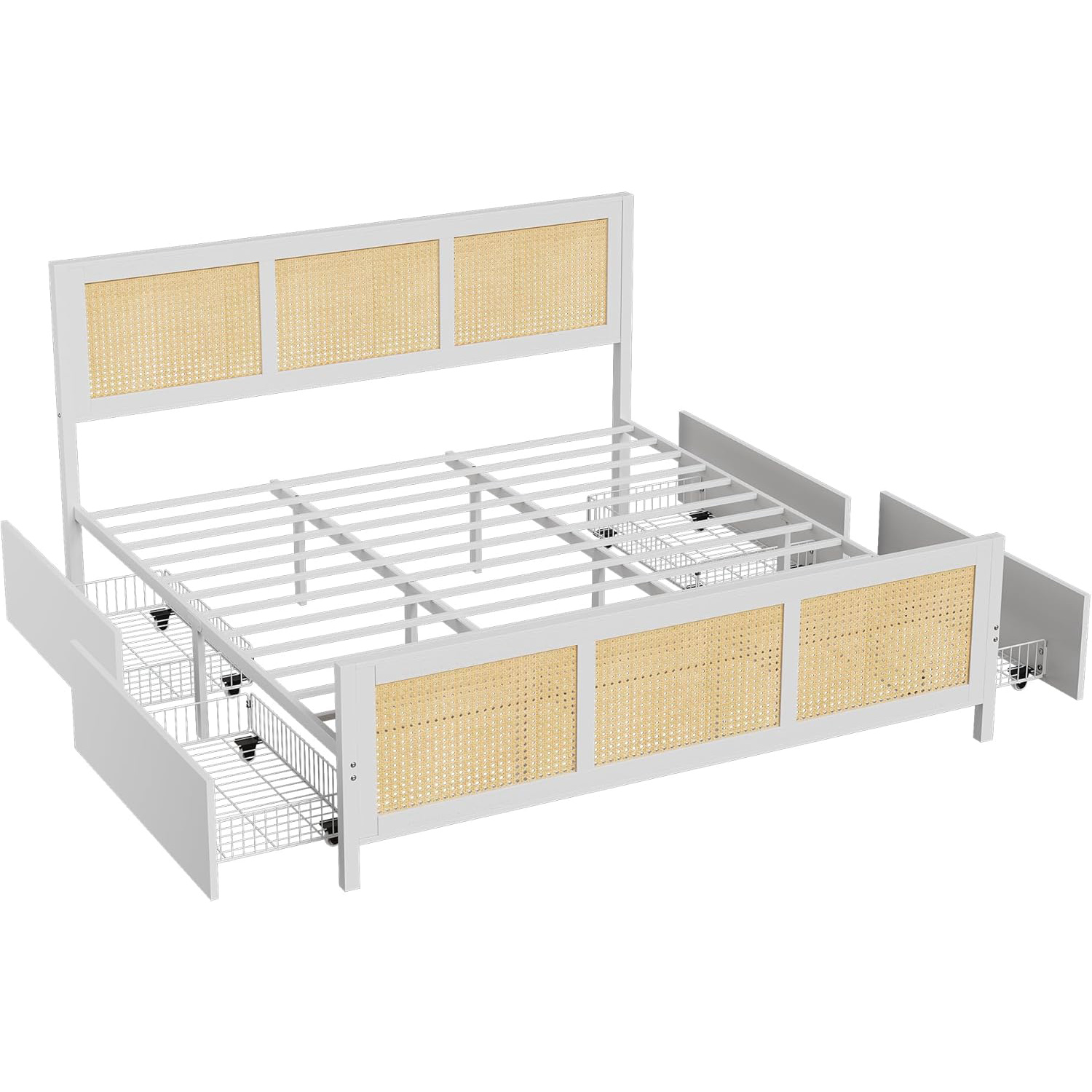 Tzou Rattan Bed Frame with Headboard & 4 Drawers - Boho Queen Size Platform Bed, LED Lights, 800 lb Capacity, No Box Spring, White