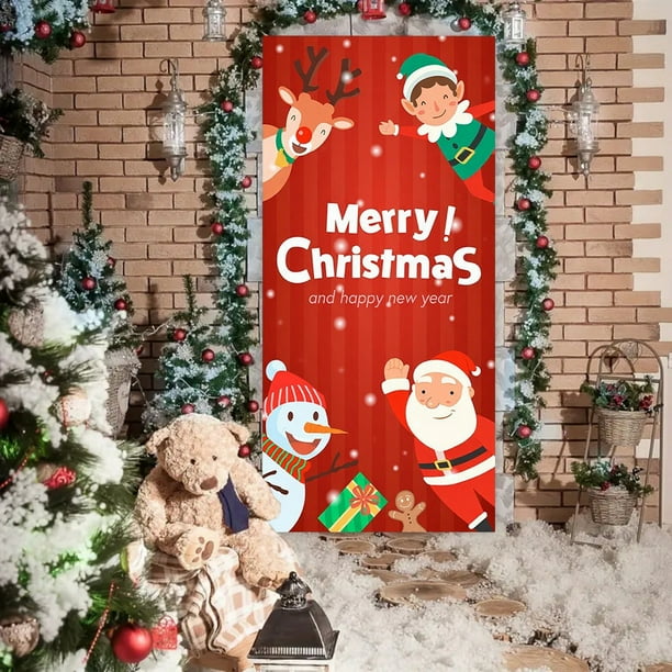 Cortina de puerta de Navidad con Papá Noel y cachorro - Decoración navideña exterior para la puerta principal, fondo de tela festiva de 72x35 pulgadas
