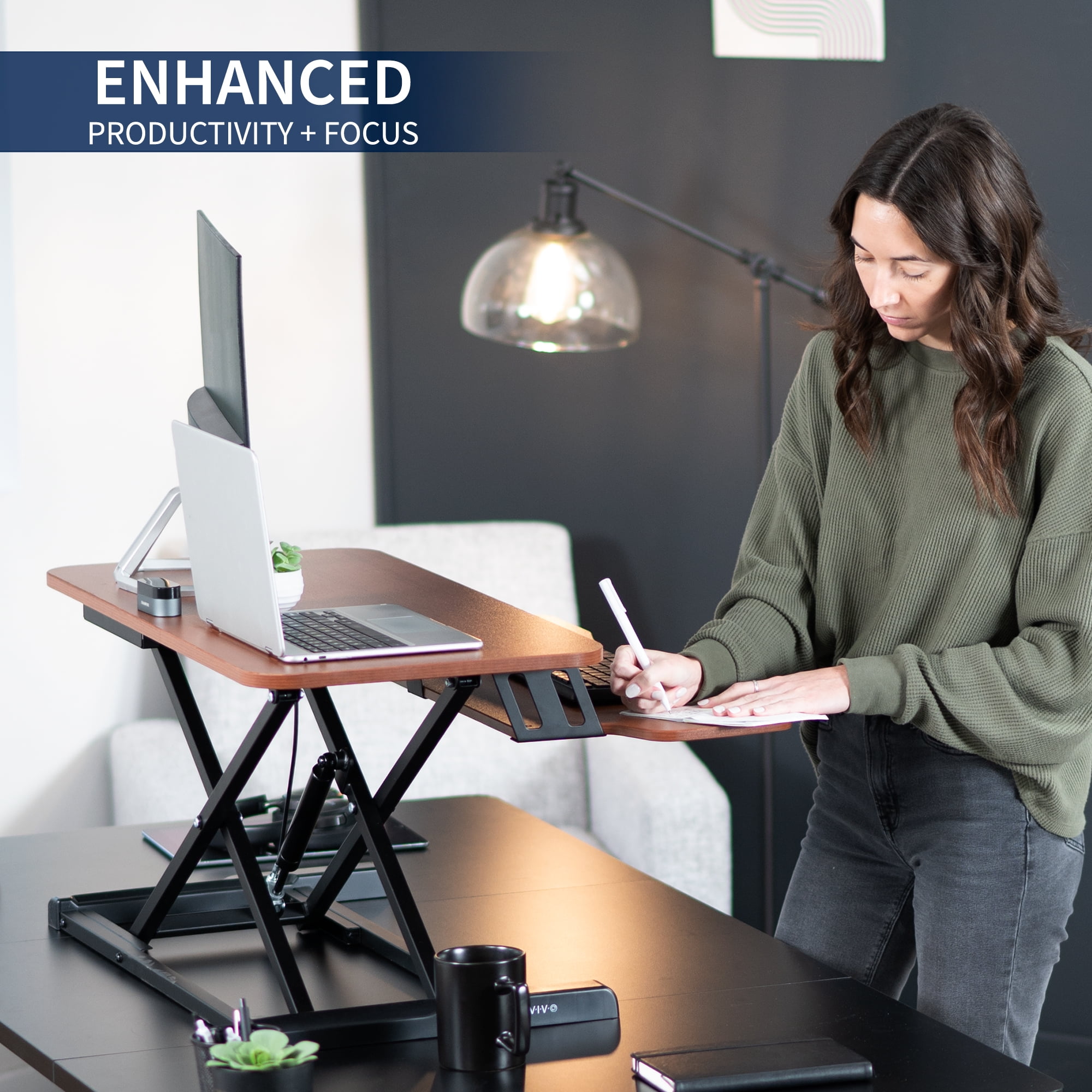 VIVO Wood Colored Height Adjustable Standing Desk Converter Sit Stand Riser