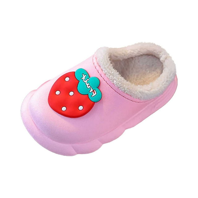 Girls Winter Slippers Warm Fuzzy Lined Indoor/Outdoor Soft Sole Non-Slip Fruit Pattern Clogs for Toddler Kids Lightweight Water-Resistant,Color:1 Pink,Size:7-8 Years