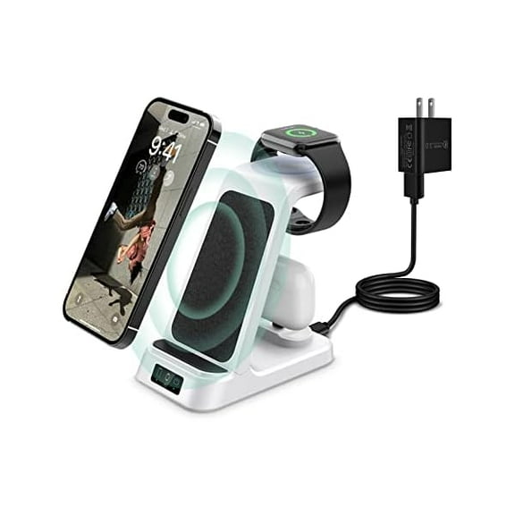Saluqifa Wireless Charging Station, 3 in 1 Fast Charging Stand, Wireless Charger for Apple Watch 8/7/6/5/4/3 & iPhone15/14/13/12/11/Pro/Max/X/XS/Max/XR/8, Air-pods/Pro(QC3.0 Adapter Included)-White