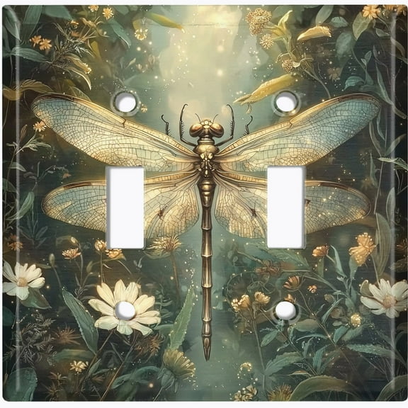 Metal Light Switch Wall Plate Outlet Cover (Printed Image of Enchanted Dragonfly - Double Toggle)