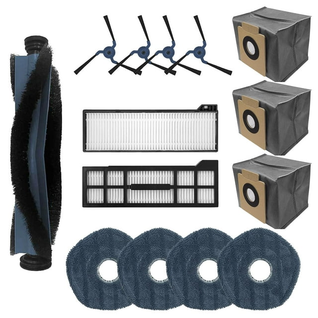 Accesorios Aerqvix de repuesto para aspiradora robot eufy X10 Pro Omni: 1 cepillo principal, 2 filtros, 4 mopas, 3 bolsas para polvo y 4 cepillos laterales.
