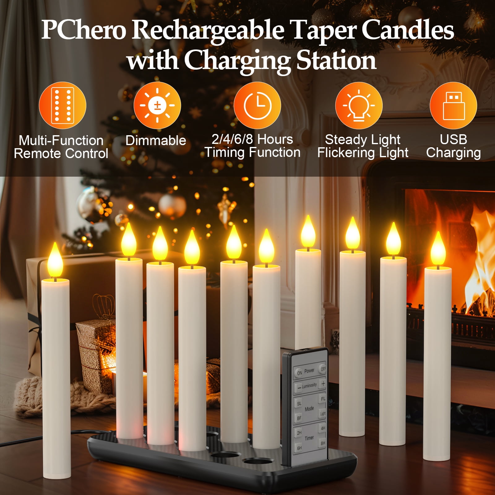 PChero Rechargeable Flameless Taper Candles with Remote Timer & Charging Base, 10pcs LED Candlesticks Flickering, 6.7" Battery Electric LED Taper Candles for Home Wedding Christmas Decor