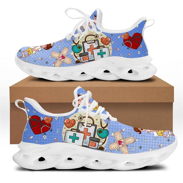 Zapatos de enfermería blancos para mujer, lindas zapatillas de enfermera con dibujos animados para mujer, diseño de marca, médicos, estampados, ligeros, con cordones, planos