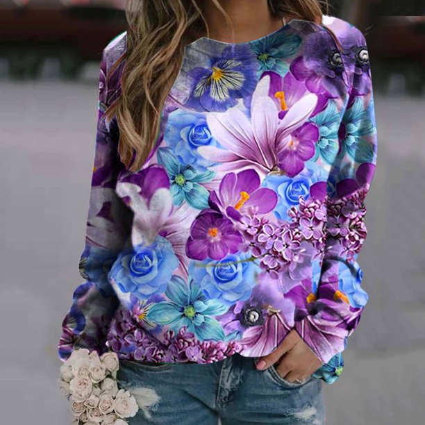 Puntoco, camiseta de manga larga holgada con cuello redondo y estampado de flores informal a la moda de verano para mujer, blusa, jersey Puntoco Puntoco-1900
