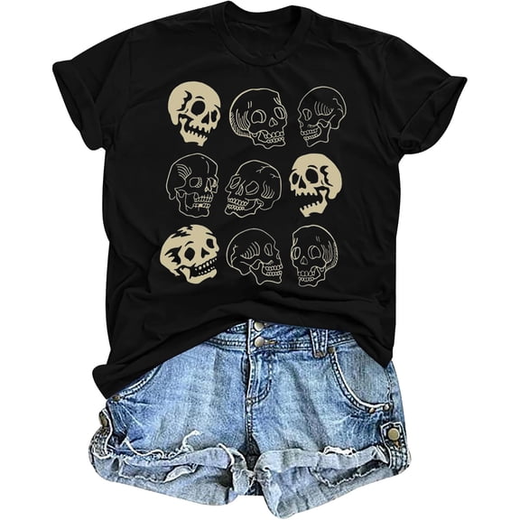 T Shirts for Women Fashion Y2K Short Sleeve Skull Print Top Spring 2026 Crew Neck Casual Basic Tee