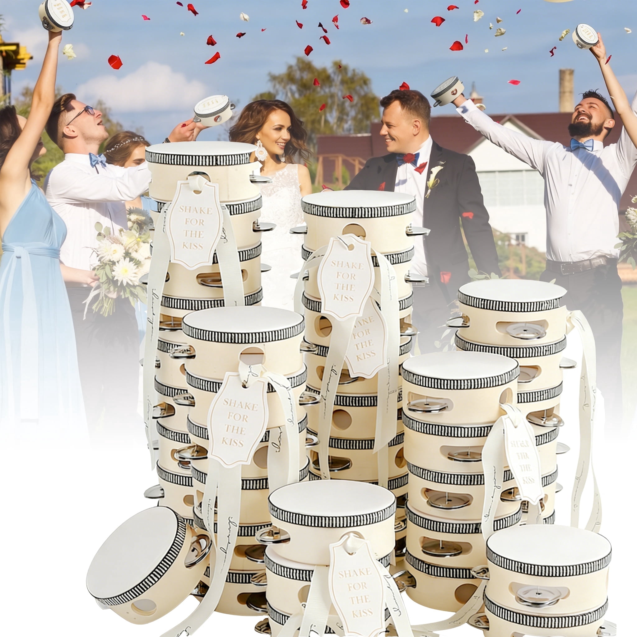 Strafriture 48 Set 4 Inch Tambourine for Hand Held Drum with Gift Tags & White Printed Ribbon Percussion Gift Musical Instrument for Church Wedding Party Favor