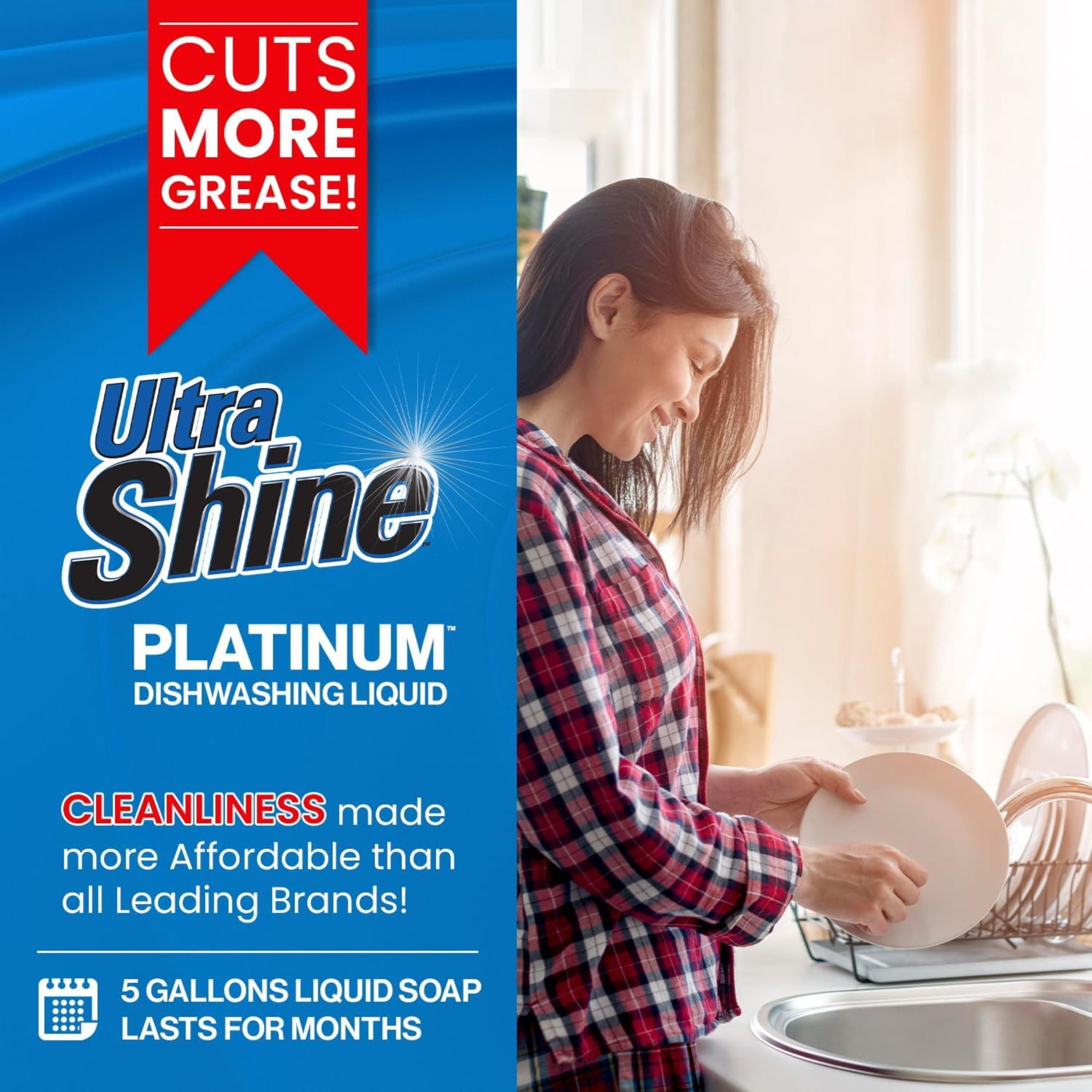 Ultra Shine™ 3X Platinum™ Dishwashing Liquid - Grease Remover, 5 Gallon, Blue
