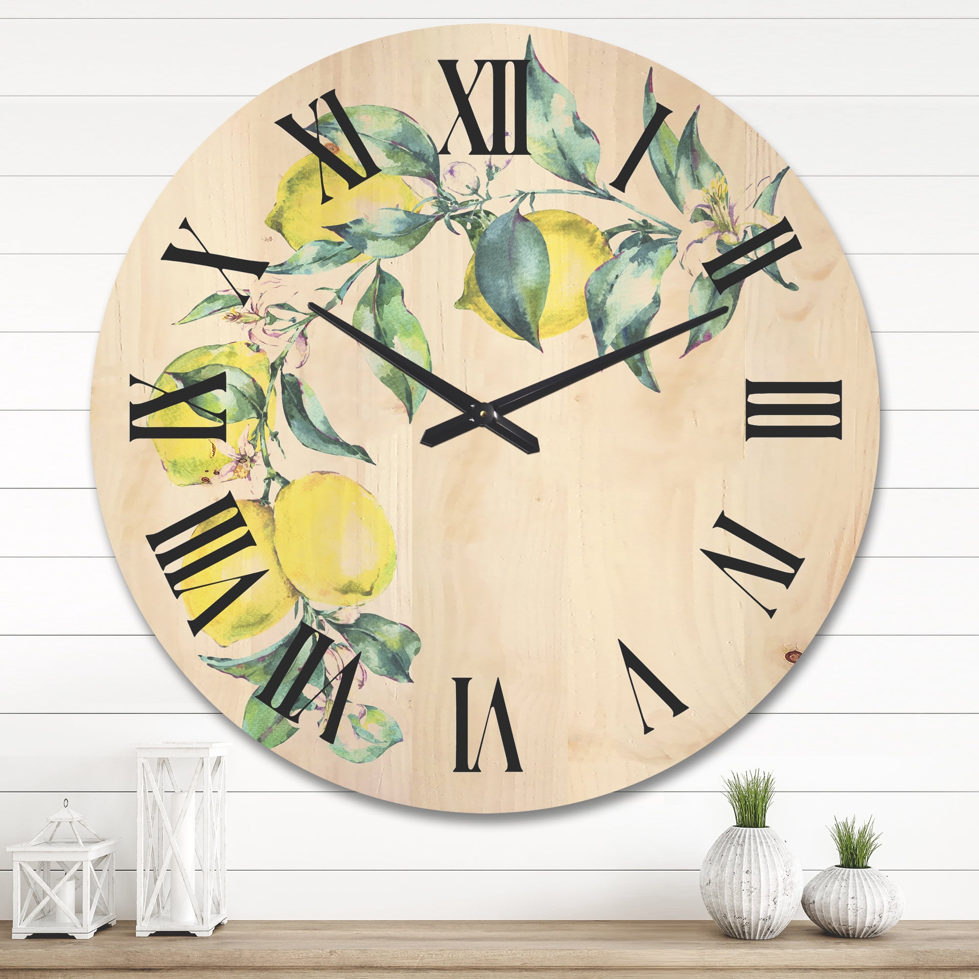 Designart 'Branch of Leaves and Yellow Lemons II' Tropical Wood Wall Clock
