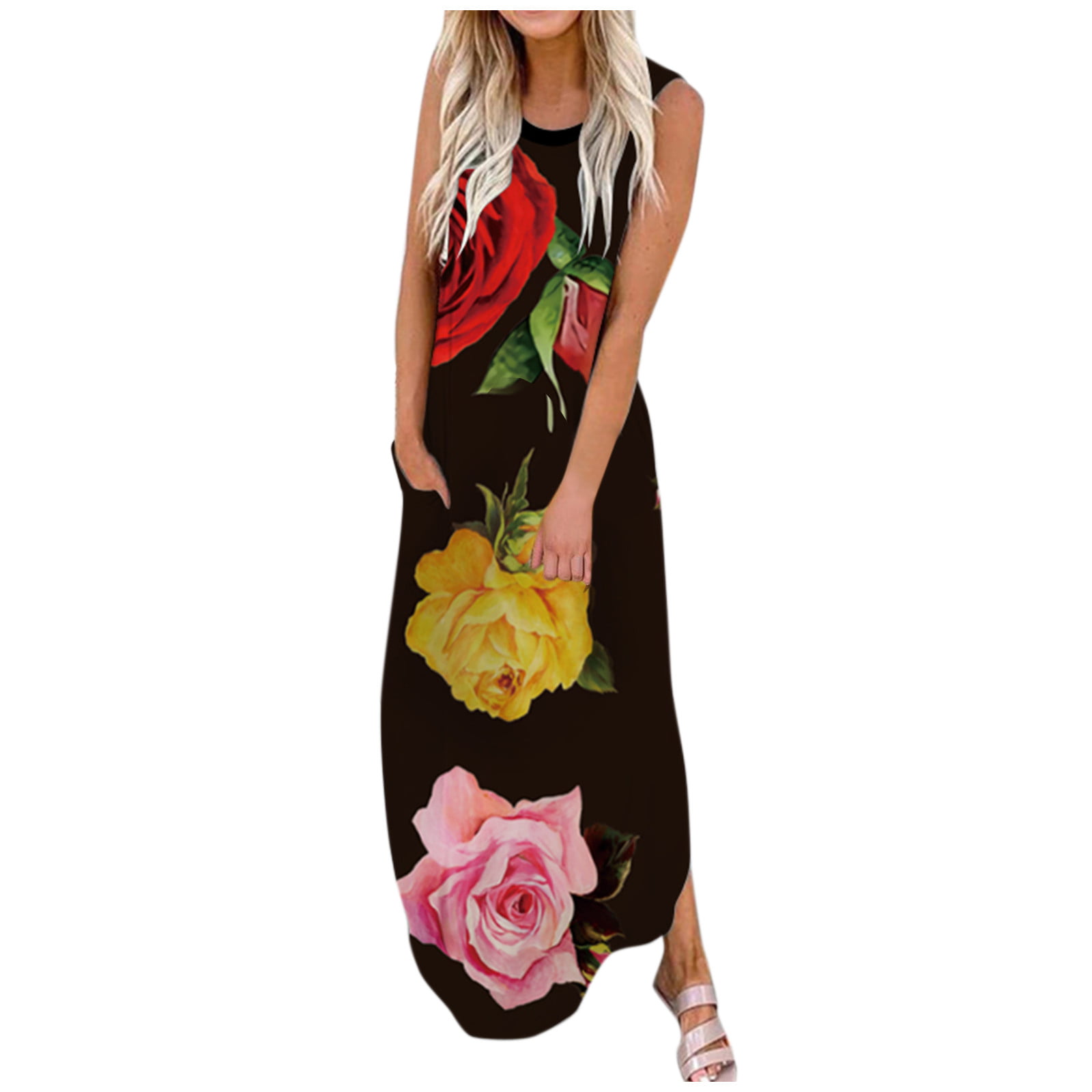 Women Summer Casual Sleeveless Pocket Floral Printing Beach Maxi Dress 