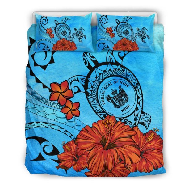 Juego de cama con escudo de armas de Niue y fondo marino de poliéster