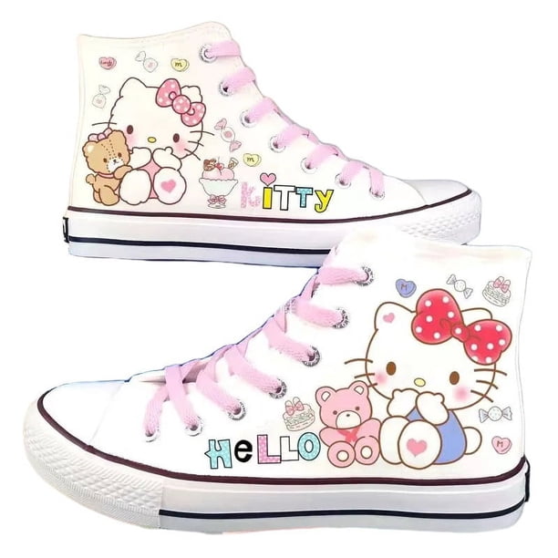 2024 Anime Sanrio Hello Kitty nuevo patrón de gato de dibujos animados zapatos de lona estampados estilo 2D zapatillas de deporte versátiles de moda para mujeres,Pattern White Cat 2,39