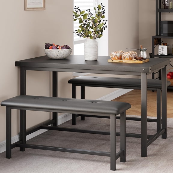 Dining Table Set for 4, Kitchen Table with Benches, Rectangular Dining Room Table Set with 2 Upholstered Benches, 3 Piece Dining Table Set for Small Space, Apartment, Studio