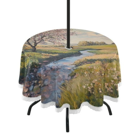 

Round Tablecloth 60*60 Inches Round Tablecloth Outdoor Style Tablecloth With Umbrella Holes Tablecloth Outdoor Suitable For Kitchens and Dining Rooms Beautiful Spring Scenery
