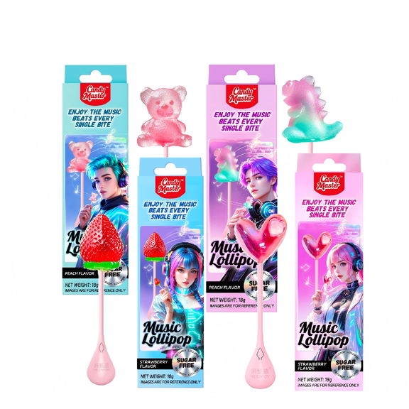 4D Music Singing Lollipop with KPOP Music Sugar Free by Candy Master,Bear Strawberry Dinosaur Heart Shaped,Fruity Strawberry&White Peach Flavors 4Packs
