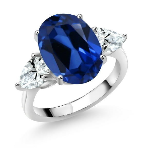 Gem Stone King 925 Sterling Silver Blue Simulated Sapphire and White Created Sapphire Ring for Women (8.00 Cttw, 14X10MM Oval and 7X5MM Pear Shape, Gemstone, Size 7)