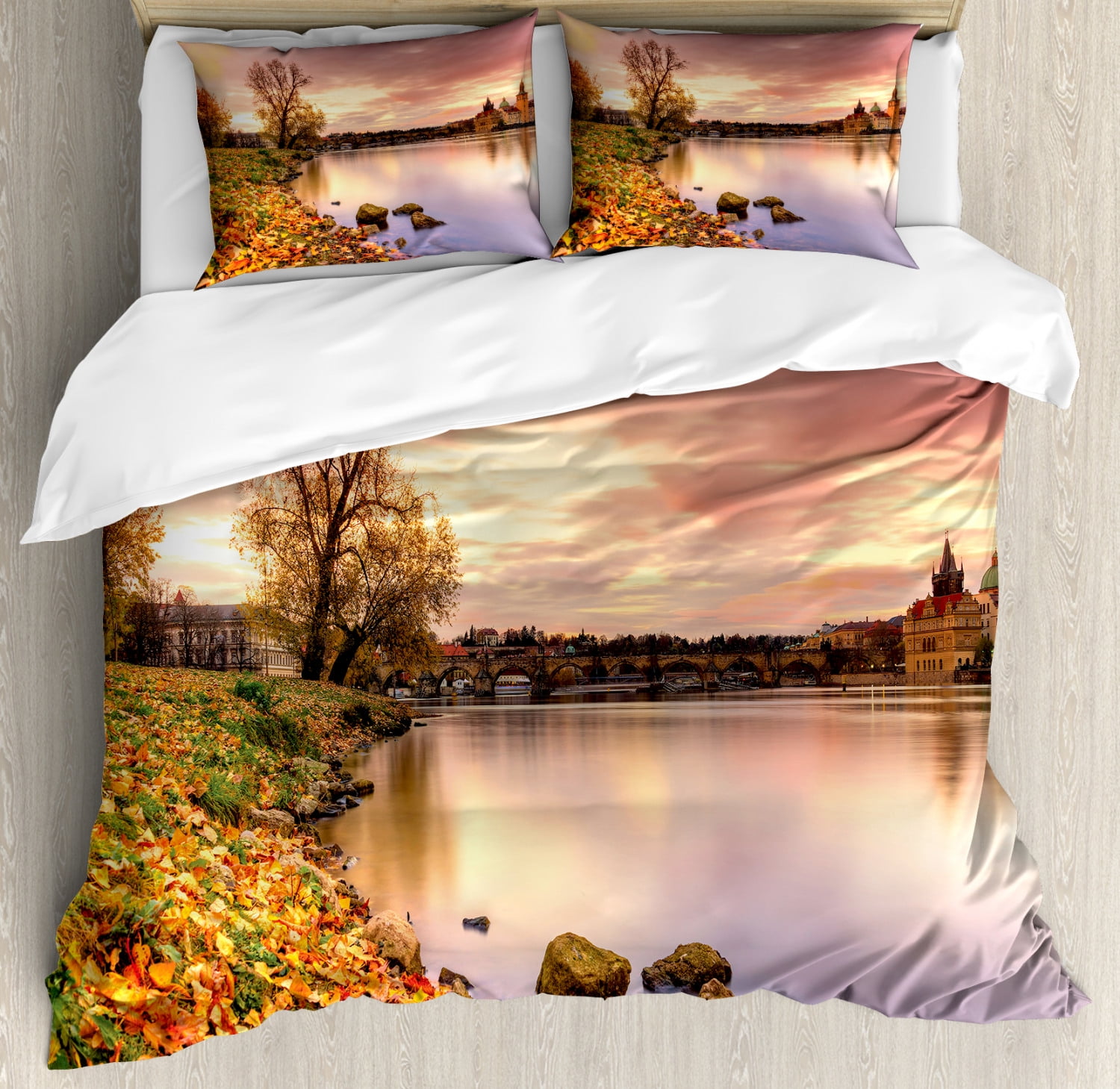 Landscape Duvet Cover Set, Bohemian Old Town Scenery by the River with