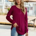 thumbnail image 4 of Blusa con botones en la parte delantera, cuello redondo, manga larga, color puro, informal, suelta, con botones suaves, para mujer, color rojo vino XXL, 4 of 7