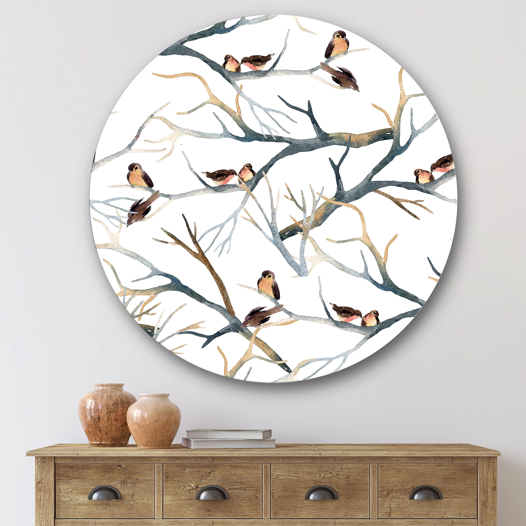 Designart 'Little Birds Sitting On The Tree Branches I' Traditional Circle Metal Wall Art 36x36 - Disc of 36