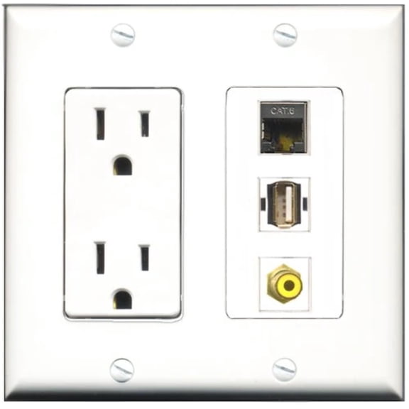 RiteAV - 15 Amp Power Outlet 1 Port RCA Yellow 1 Port USB A-A 1 Port Shielded Cat6 Ethernet Ethernet Decorative Wall Plate