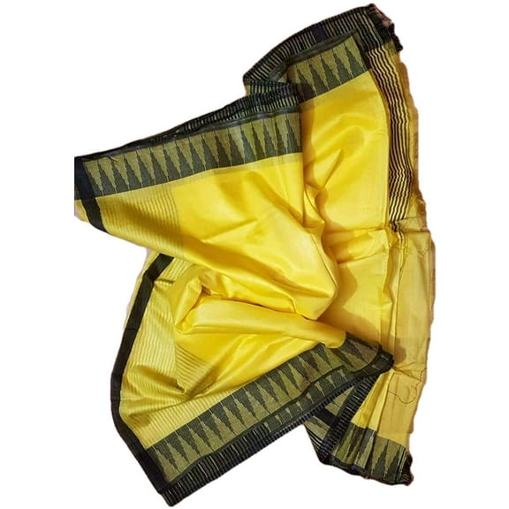 India Meets India Ethnic and Traditional Indian Saree [Yellow Saree w/Black Border] - Bhaglpuri Kota Silk Saree w/Temple Border and Tussels