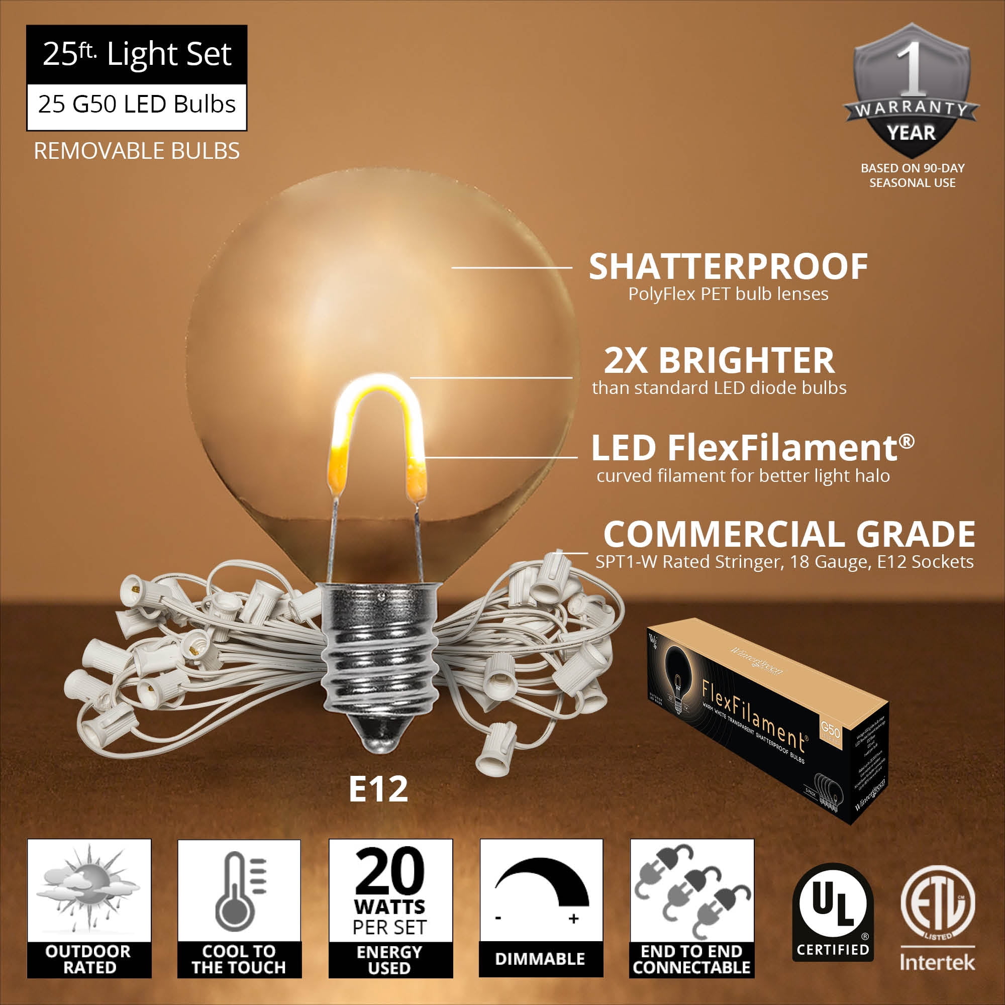 Wintergreen Lighting FlexFilament Edison Bulb Shatterproof G50 Outdoor String Lights, 25 ft White Wire, 25 Lights