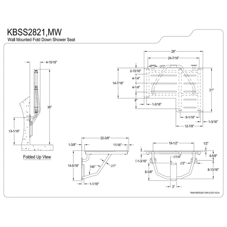 Kingston Brass KBSS2821 Adascape 28 x 21 Wall Mount Fold Down Shower Seat Brushed Stainless Steel