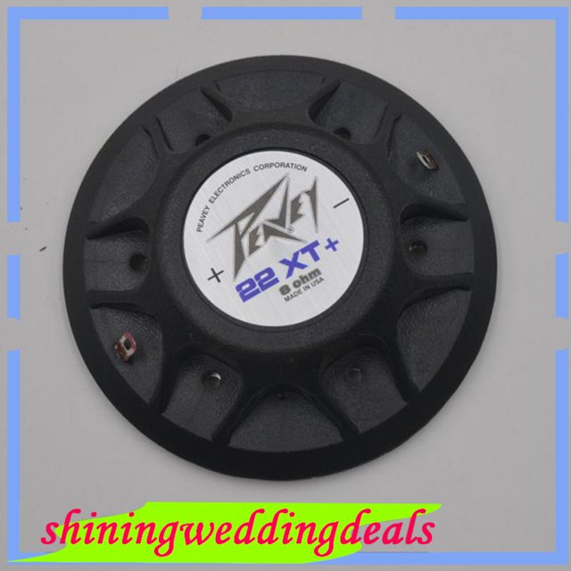 perfecto diafragma de audio para peavey 22xt 22t 22xtm 2200 10-924 tweeter horn drive vista frontal centrada, diafragma redondo negro con etiqueta central blanca que indica '22 XT', terminales de conexión y orificios de montaje visibles; superficie texturizada sobre fondo gris claro; a menudo usado para reparación de tweeters automotrices.