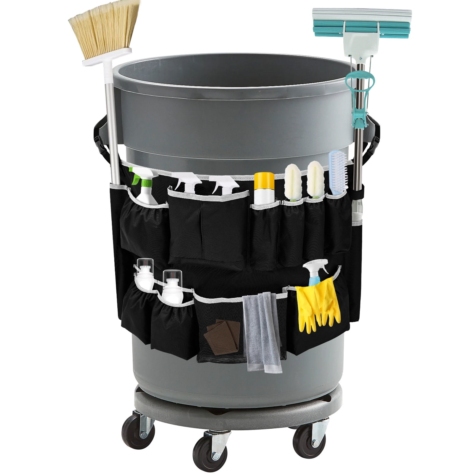 Wekvgz Trash Can Caddy Bag Fit 32 to 55 Gallon Garbage Bin Polyester Garbage Can Caddy with 13 Pockets for Housekeeper Professional Cleaner