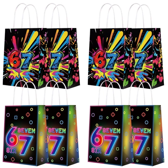 12PCS 6 7 Theme Party Favor Bags, Cartoon Paper Handle Bags, Goodie Bags for Six Seven Theme Birthday Party Supplies.