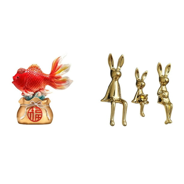 Estatua decorativa,Estatua de pez del Feng Shui chino,escultura koi,Escultura de figura,Estatua sentada Figura Escultura Adorno,Estatuas de conejos en miniatura para decoración de interiores