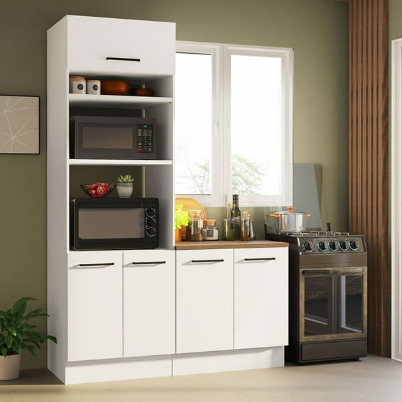 Madesa Hazel 2-Piece Kitchen Storage Set with 3 Doors 3 Shelves Pantry Cabinet and 2 Doors Base Cabinet 59 Inch Wooden Organization Units for Pantry - White
