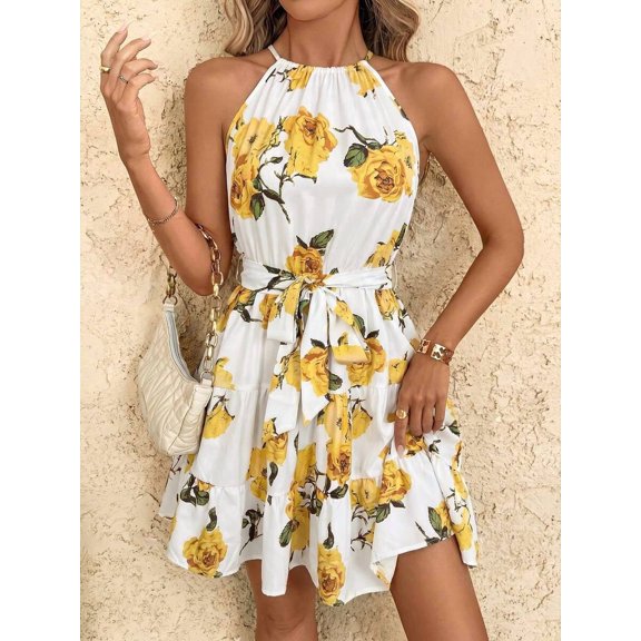 Yellow Clasi Halter Tie Waist A-Line Dress, Suitable For Vacation Vacation