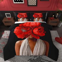 Homewish Black Girl 3 Pieces Queen Comforter Set For Teens Female Adults,Chic Flowers Ultra Soft Bedding Sets,Fashion Modern Bedding Comforter Set,Lightweight Room Decor,Reversible