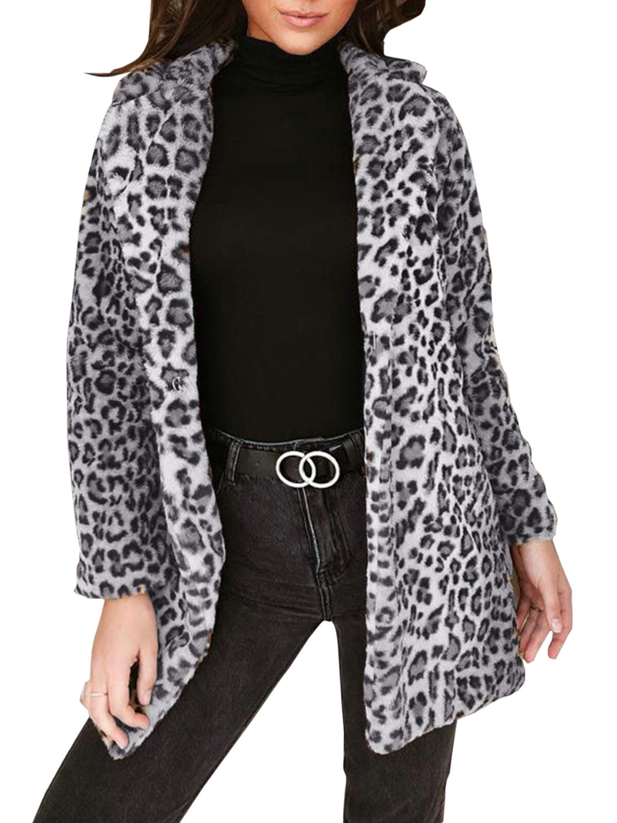 grey leopard print faux fur coat