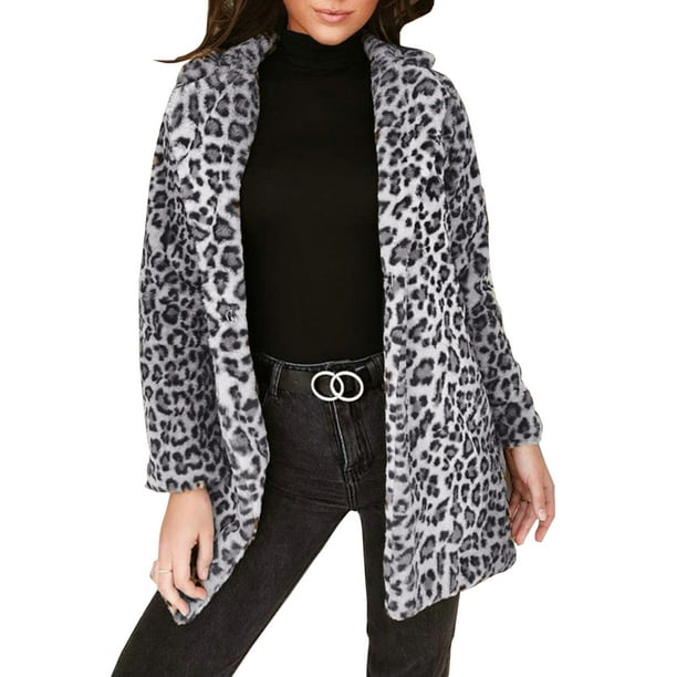 FOCUSNORM - Women Leopard Print Winter Warm Faux Fur Coat Cardigan ...