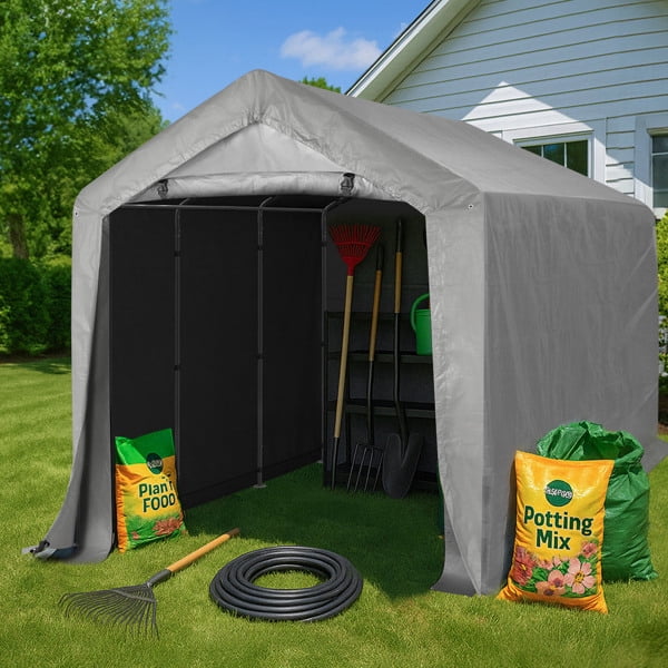 8'X12' Gray Outdoor Storage Shelter Shed  PE Fabric Carport with Removable Sidewalls, 6 Ground Bars, 23 Stakes & Wind Ropes - for Trucks, Boats, ATVs, and Garden Tools