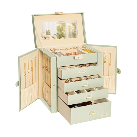 Enogets Large Jewelry Box for Women with Mirror, 5-Layer 4-Drawer Organizer for Rings, Earrings & Necklaces,Sage green