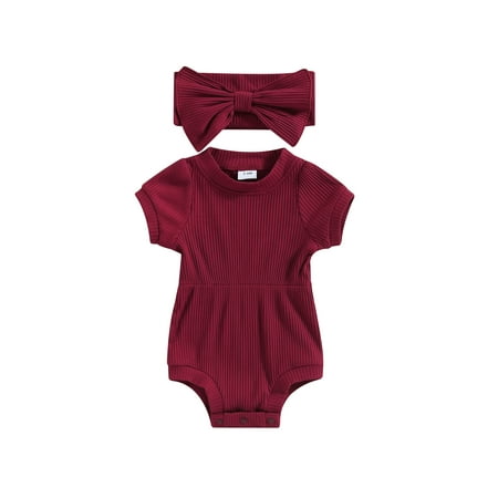 

Genuiskids Newborn Baby Girl Summer Outfits 3 6 9 12 18 Months Infant Solid Short Sleeve Ribbed Knit Bodysuit One Piece Top with Headband 2Pcs Jumpsuit Set