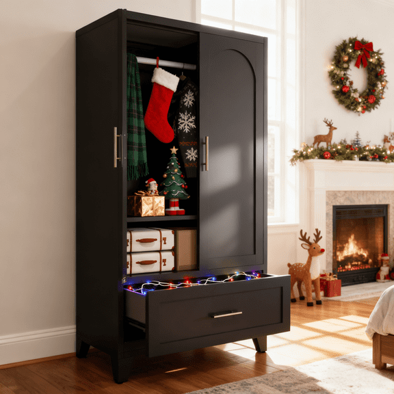 60-Inch Tall Metal Wardrobe Cabinet with Drawer & Hanging Rod, 2-Door Steel Closet with Adjustable Shelf, Black