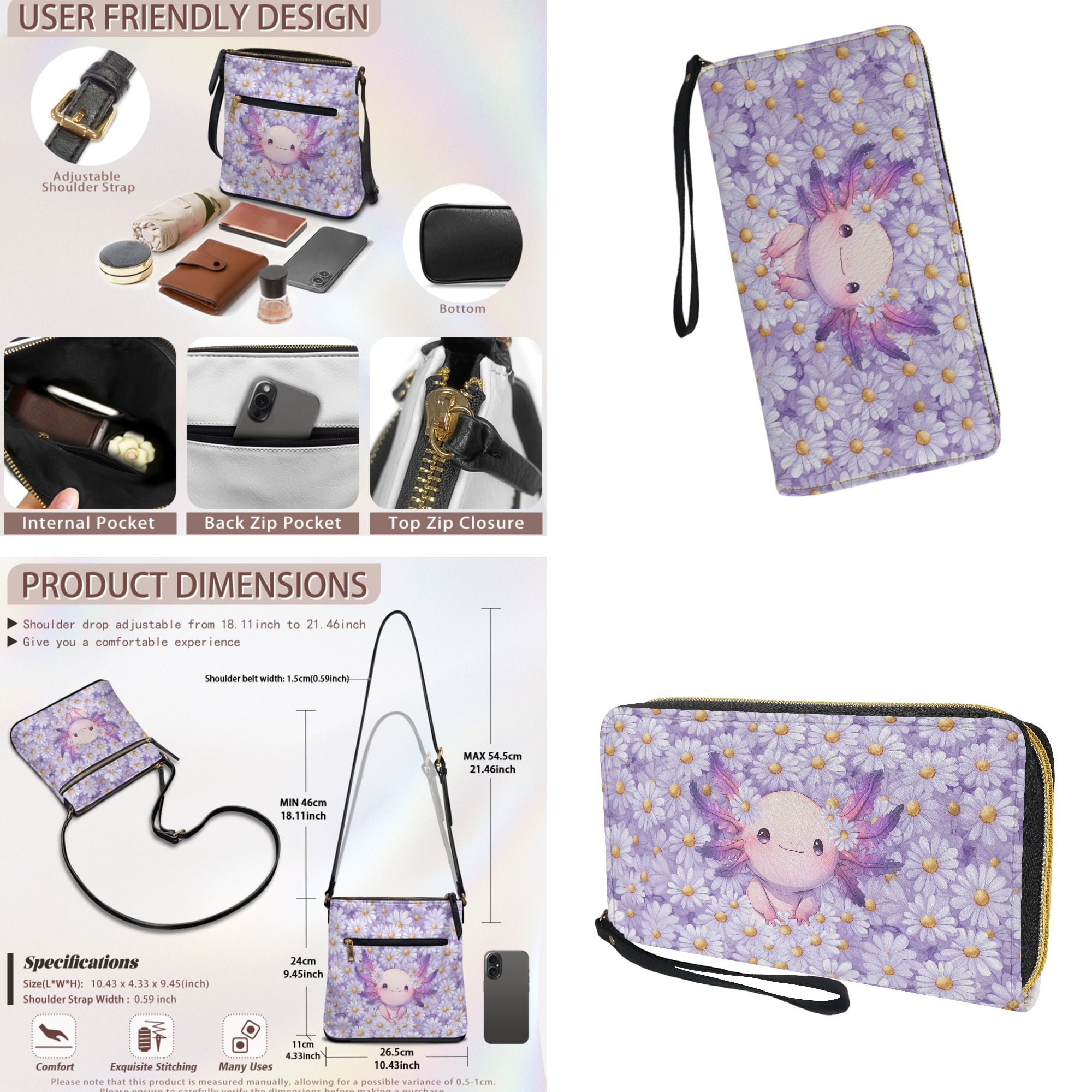 ZUXONGSY Axolotl Daisy Flower Print PU Leather Crossbody Hobo Purse & Wallet Set for Women, Multi-Pocket Messenger Shoulder Bag with Adjustable Strap