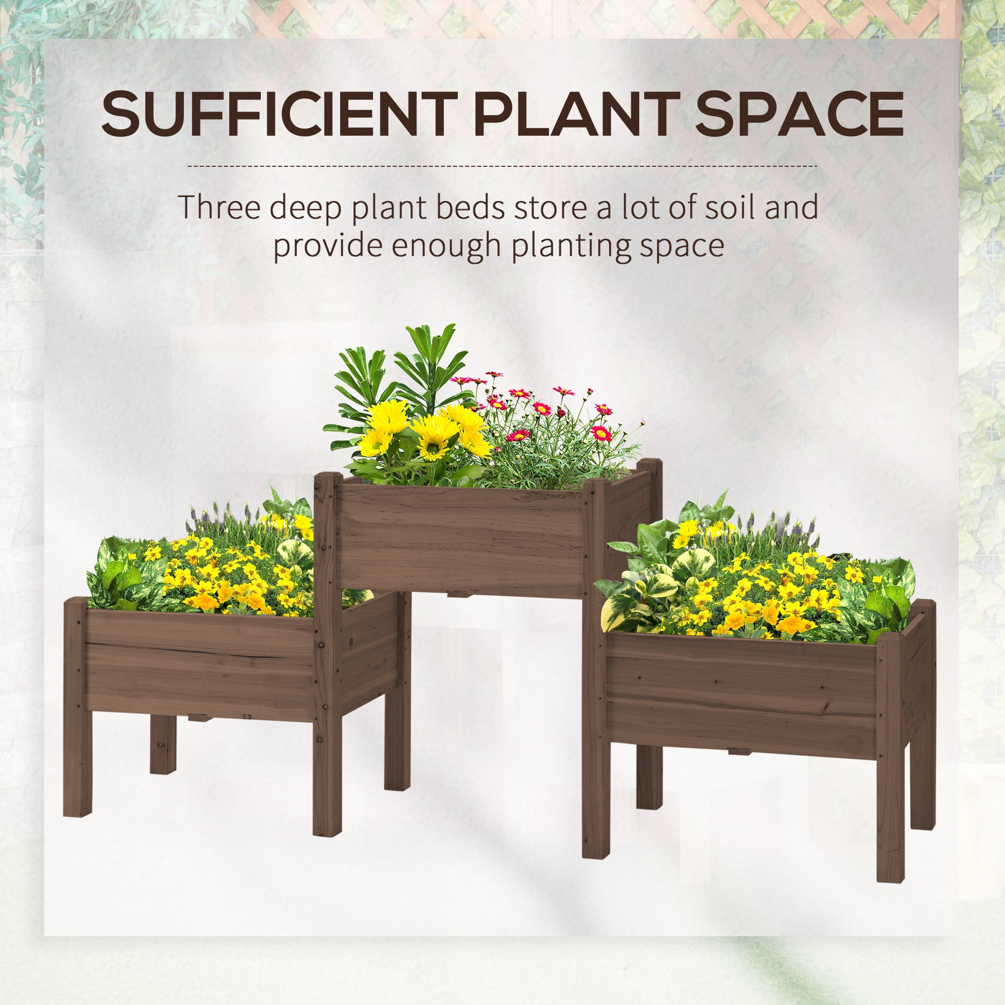 Outsunny 73" x 18" x 32" Raised Garden Bed w/ Three Elevated Planter Box, Freestanding Wooden Plant Stand for Vegetables, Herb, Flowers, Coffee