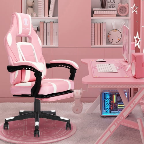 Pink Gaming Chair, Reclining High Back PU Leather Office Desk Chair