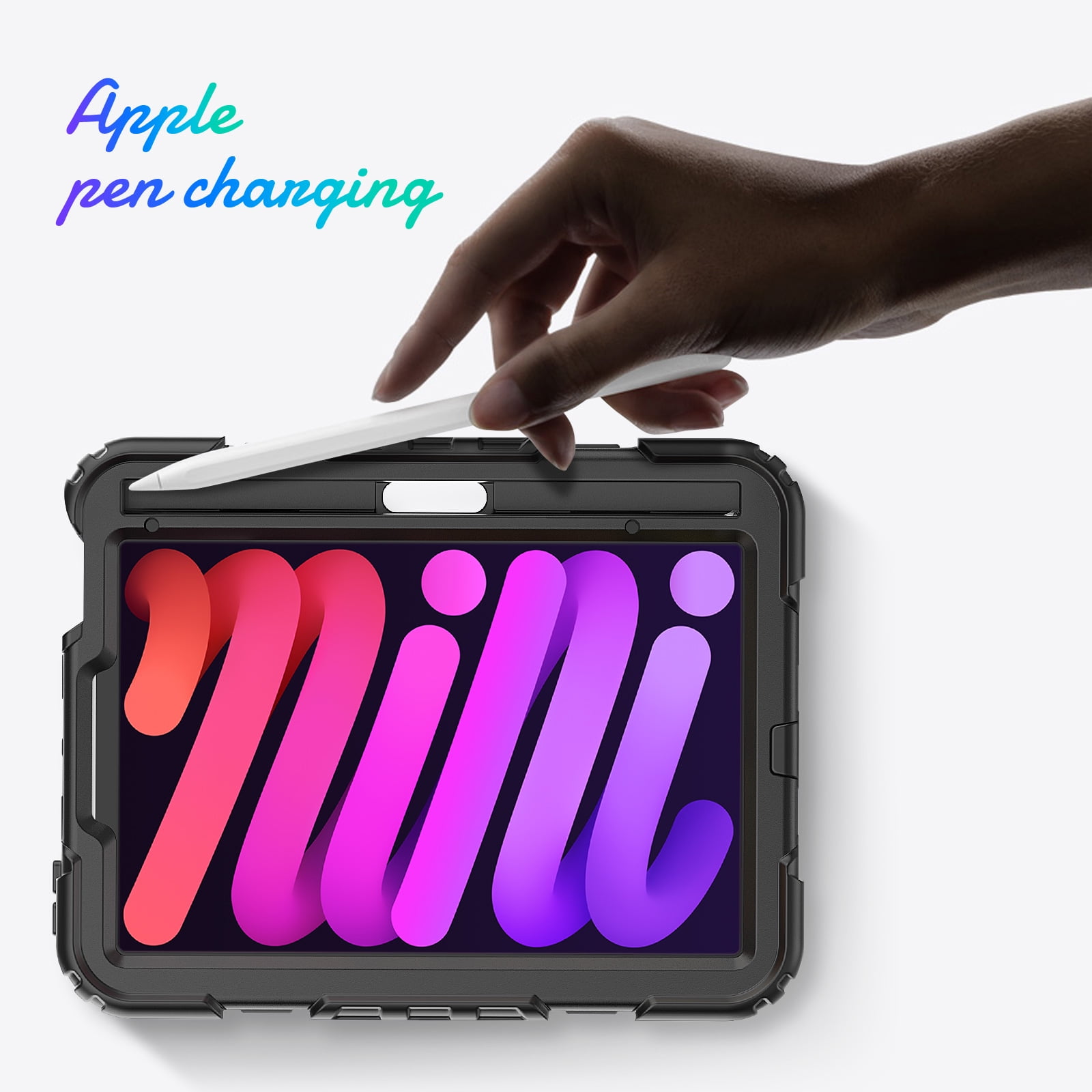 Shockproof Case for Apple iPad mini 6 /7 8.3" with Build In Screen Protector, Rugged Rotating Stand Shoulder Strap Pencil Holder Kids Friendly Bumper Case for Apple iPad mini 6/ Mini 7, Black