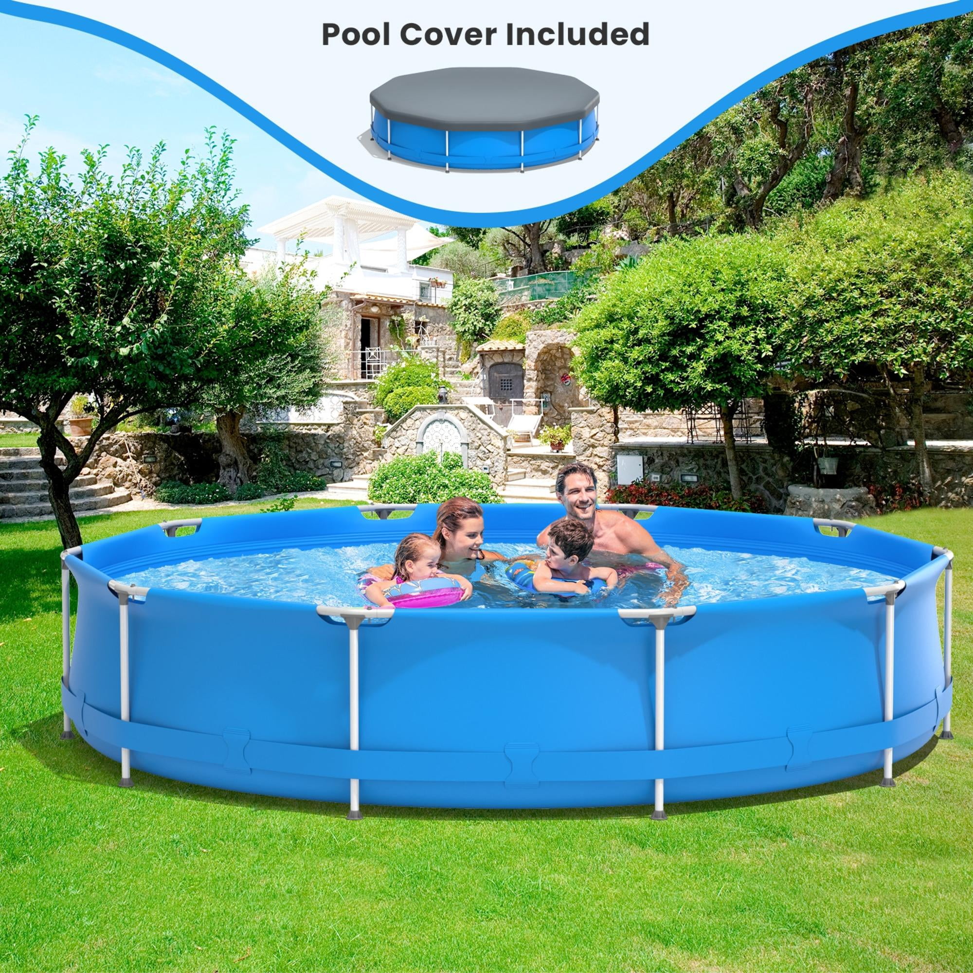 11.8 ft Round Above Ground Swimming Pool with Pool Cover, 3 Layer PVC Sidewall Metal Frame Pool for Backyard, Outdoor Family Pool for 3-4 People, Blue