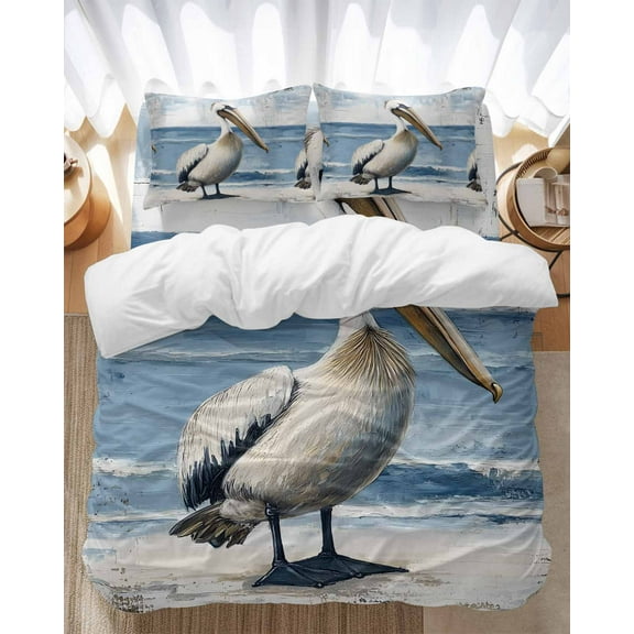 Pelican Ocean Bedding Duvet Cover Set Twin Size 4 Pieces Modern Bird Soft Twill Plush Quilt Cover, Include 1 Duvet Cover 1 Flat Sheet And 2 Pillow